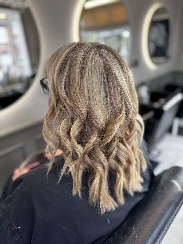 Golden blonde waves with dimensional balayage