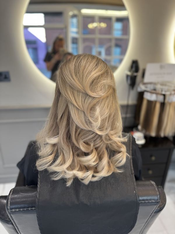 Half-up curls with a volume crown