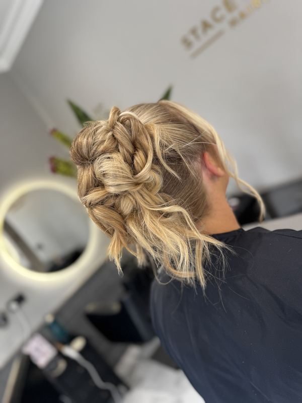 Textured pinned updo — side view